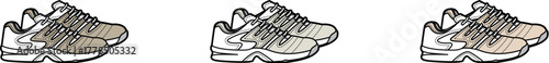 A set of three isolated vector icons depicting classic, chunky athletic sneakers for casual fashion and active lifestyle concepts