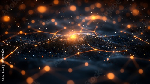 Abstract network of glowing orange lights and connections on a dark cosmic background.