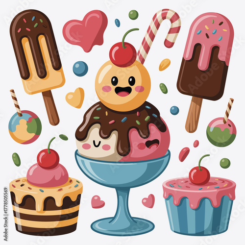 Cute kawaii ice cream sundae and desserts collection