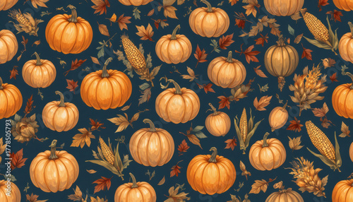 Thanksgiving seamless pattern with pumpkins, leaves, and corn in watercolor style.