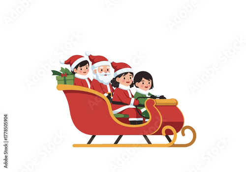 Santa claus and his elves in a red christmas sleigh packed with gifts, perfect for holidaythemed marketing materials and festive designs.
