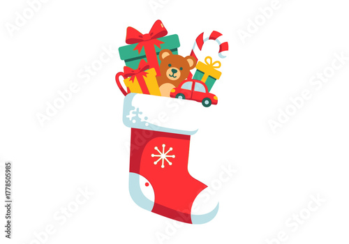 Christmas stocking overflowing with presents and sweets, perfect for holiday cards, social media posts, and seasonal designs.