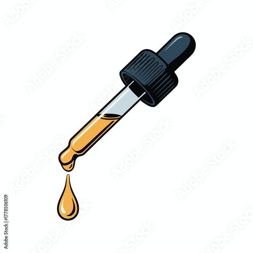 Dropper with golden liquid and a falling drop