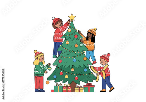 Children in winter clothes decorate a christmas tree surrounded by gifts. Perfect for holiday greeting cards or advertisements.