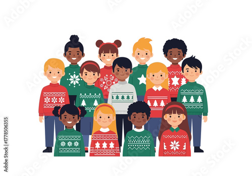 Group of smiling children in christmas sweaters are perfect for holidaythemed designs, greeting cards, and festive advertisements. Bright, cheerful, and festive scene.