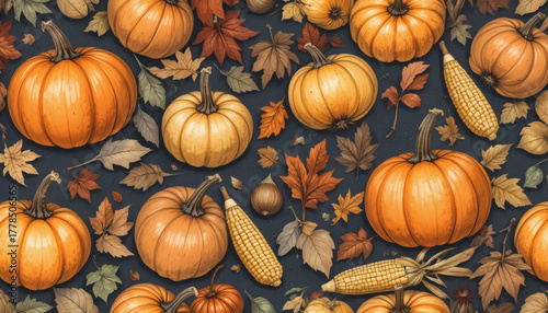 Thanksgiving seamless pattern with pumpkins, leaves, and corn in watercolor style.