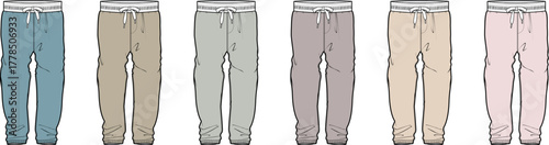 Vector illustration set of casual joggers in multiple colors. Technical fashion flat sketch of sweatpants for apparel design and clothing mockups