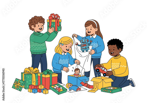 Four joyful kids unwrap christmas presents, full of excitement in a holiday setting. Perfect for festive familythemed designs and promotions.