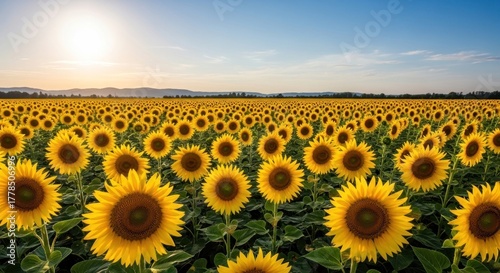 Endless Sunflower Field at Sunset: Golden Blooms Under Azure Sky