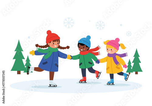 Three children ice skating in the winter snow, enjoying a fun outdoor activity together. Suitable for winter sports or family bonding concepts.