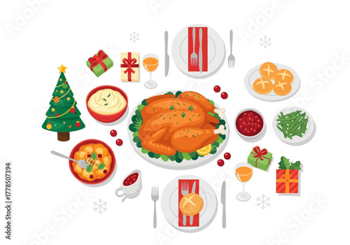 Christmas dinner scene with turkey and gifts, perfect for holiday promotions, invitations, cards, and culinarythemed designs. Festive and celebratory.
