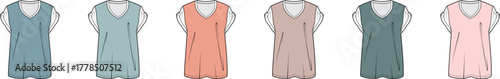 Women's sleeveless V-neck tunic top fashion flat technical drawing set. Apparel design CAD template collection in multiple color options