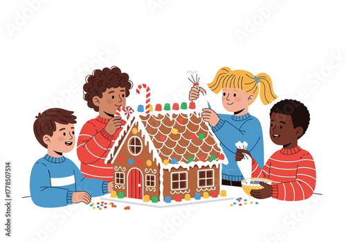 Four children joyfully decorate a gingerbread house with candies and colorful frosting for a festive holiday celebration. Suitable for holiday and baking themed designs.