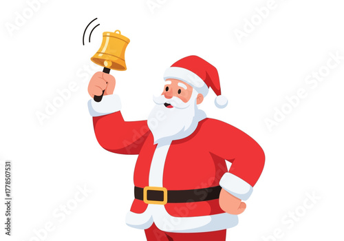 Santa happily rings a golden bell, spreading joy for christmas celebrations. Perfect for holiday greeting cards, festive advertisements, and social media posts.