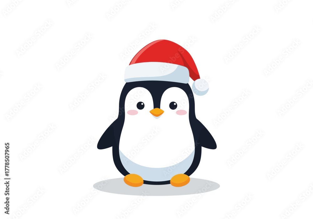 Obraz premium Cute penguin in a festive red santa hat, perfect for holiday cards, decorations, and winterthemed designs. Penguins christmas holiday winter festive cute santa hat animal celebration joyful.