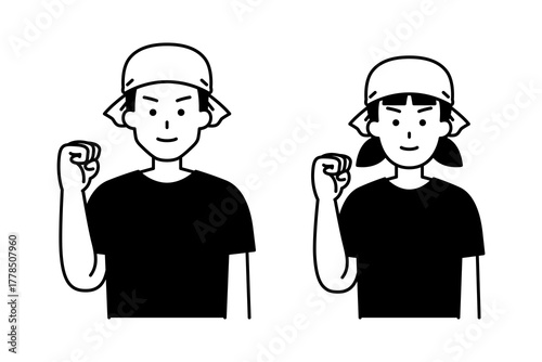 ガッツポーズをする居酒屋の店員　セット