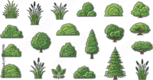 Cartoon plant set, stylized bushes and trees, diverse foliage shapes, botanical illustration, landscape design elements, vector art, 
