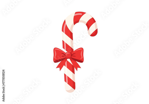 Red striped candy cane with a red bow, perfect for holiday greeting cards, christmasthemed designs, festive party invitations, and sweet advertisements.