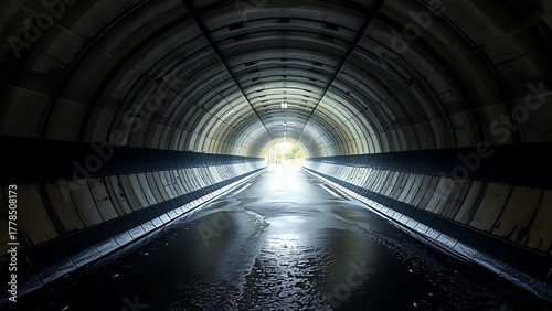 undernourishment. A concrete drainage pipe under a road, wet interior with dripping water, tunnel perspective. real-estate listings.