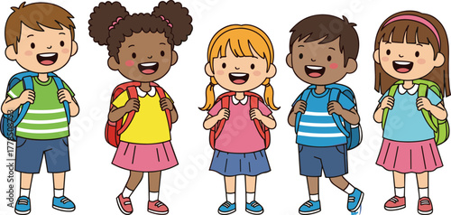 Cartoon school children with backpacks, smiling students in colorful outfits, educational theme, vector illustration, isolated group, childhood learning