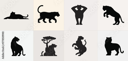 Collection of black silhouettes of big cats in various poses