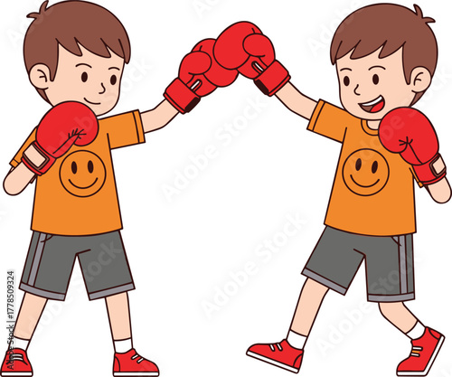 Cartoon twin boys in boxing gloves, sports outfit, smiling face, friendly sparring pose, teamwork, playful gesture, vector illustration, isolated
