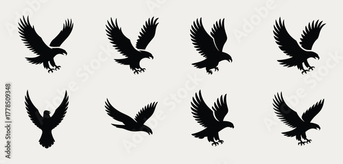 Collection of eagle silhouettes in various flying poses