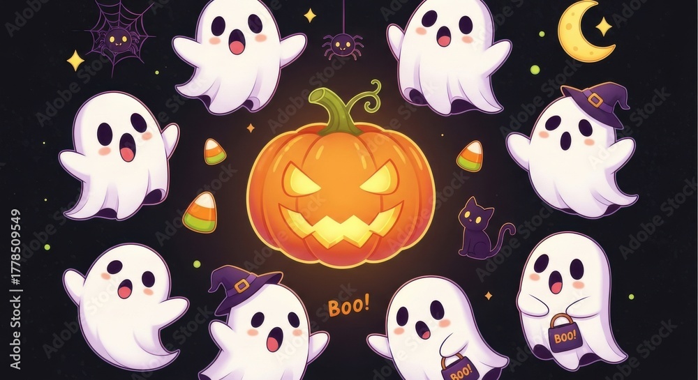 Naklejka premium Whimsical Halloween Night with Cheerful Ghosts Pumpkin and Dark Ambiance for Festive Decor