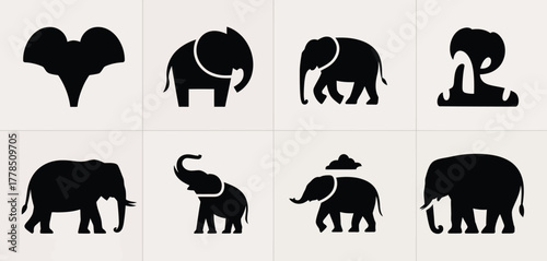 Collection of eight black elephant silhouettes in various poses and styles