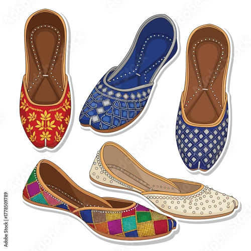Illustration of various colorful, embroidered traditional Indian footwear, showcasing different designs.