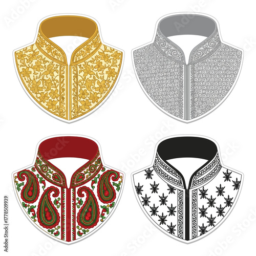 Four ornamental shirt collars with various decorative patterns and color schemes, displayed on a white background.