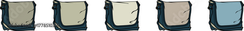 An illustrated collection of classic messenger shoulder bags presented in a variety of muted color palette options