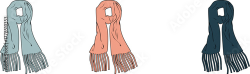 Collection of three stylish winter scarves in different colors with fringe, perfect for adding a touch of warmth and fashion to any cold-weather outfit, presented as individual accessories