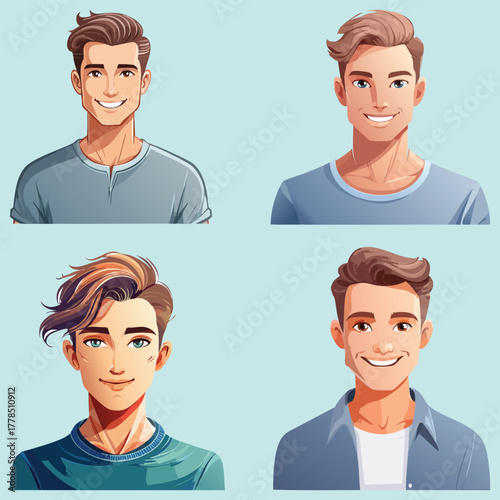 Four smiling young men with different hairstyles
