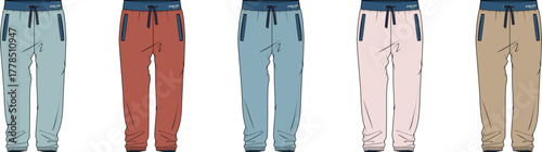 Collection of multi-colored jogger sweatpants with contrasting waistband and pockets. Fashion design technical flat template set