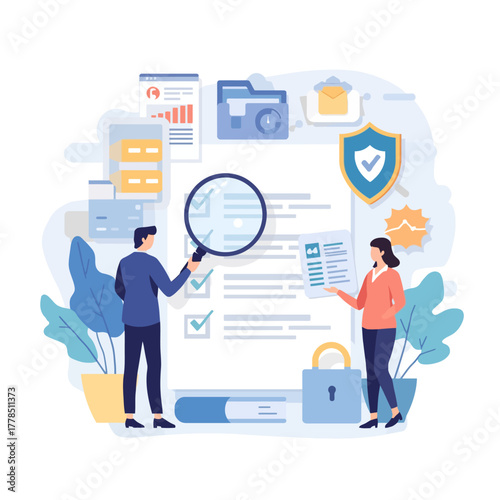 Business team conducting a data security audit, reviewing a privacy policy document with a magnifying glass for compliance verification