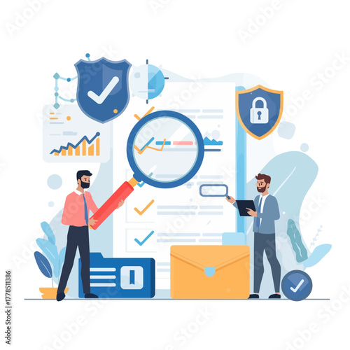 Comprehensive digital security audit and data protection concept with business professionals verifying information and ensuring compliance with robust privacy policies