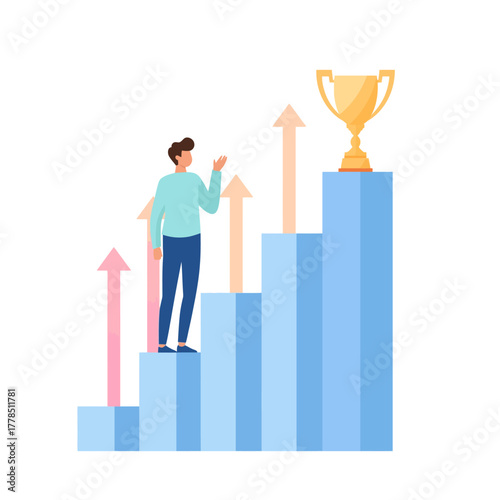 Illustration of a man climbing a bar graph staircase towards a success trophy, representing career growth and achievement