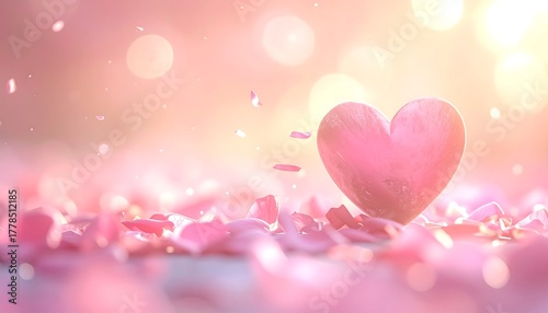 A pink heart sits amid scattered pink petals against a softly blurred background, bathed in warm, glowing light