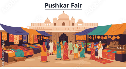 Illustration of people shopping at colorful stalls with a temple in the background at the Pushkar Fair in India.