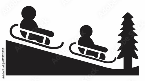 Festive winter fun with people sledding down snowy hill, winter holiday recreation, family activity, outdoor adventure, vector graphic, scalable design