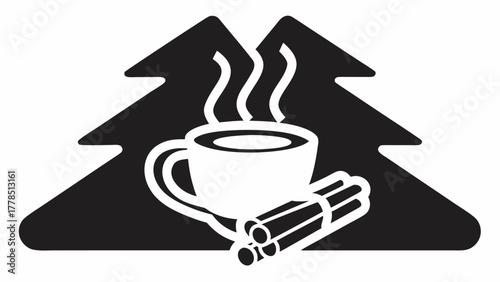 Cozy winter warmth with a steaming mug and cinnamon sticks against snow-covered trees, perfect for holiday designs and seasonal promotions
