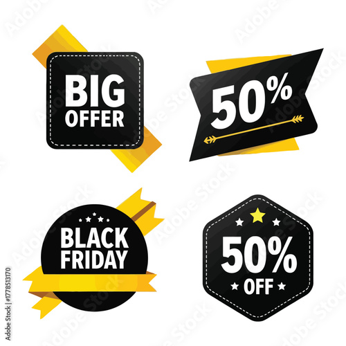 Modern black and yellow sale badges for big offer and half price promotion