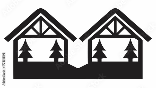 Charming twin cabin silhouette with evergreen trees, a tranquil retreat, a rustic escape, and a cozy woodland hideaway perfect for nature lovers