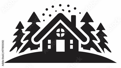 Cozy winter cabin retreat nestled in snowy forest, perfect for holiday greetings or real estate designs, evoking warmth and tranquility in minimalist style