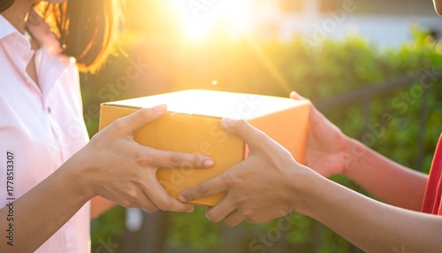 A package is exchanged between two people outdoors in sunny conditions, focus on arms and box
