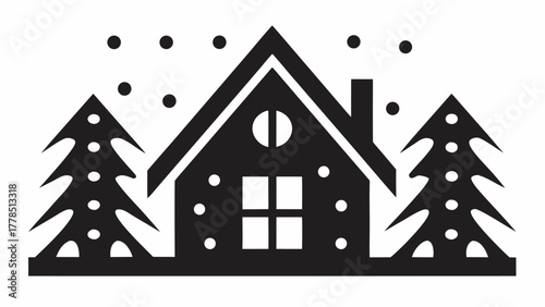 Charming winter cabin nestled among snowy pines, perfect for holiday cards and cozy seasonal designs, evokes peaceful holiday spirit, originally scalable vector art