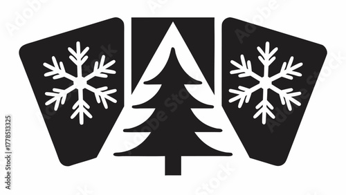 Festive winter holiday design featuring stylized snowflakes and a Christmas tree, perfect for seasonal greetings and joyous celebrations, originally vector