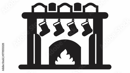 Snug holiday fireplace with stockings and warm fire, perfect for festive Christmas celebrations and cozy winter evenings, originally created as scalable vector