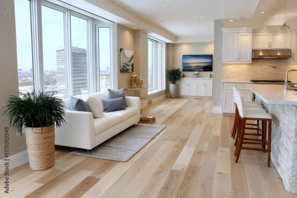 Fototapeta premium Modern open concept apartment interior living room design